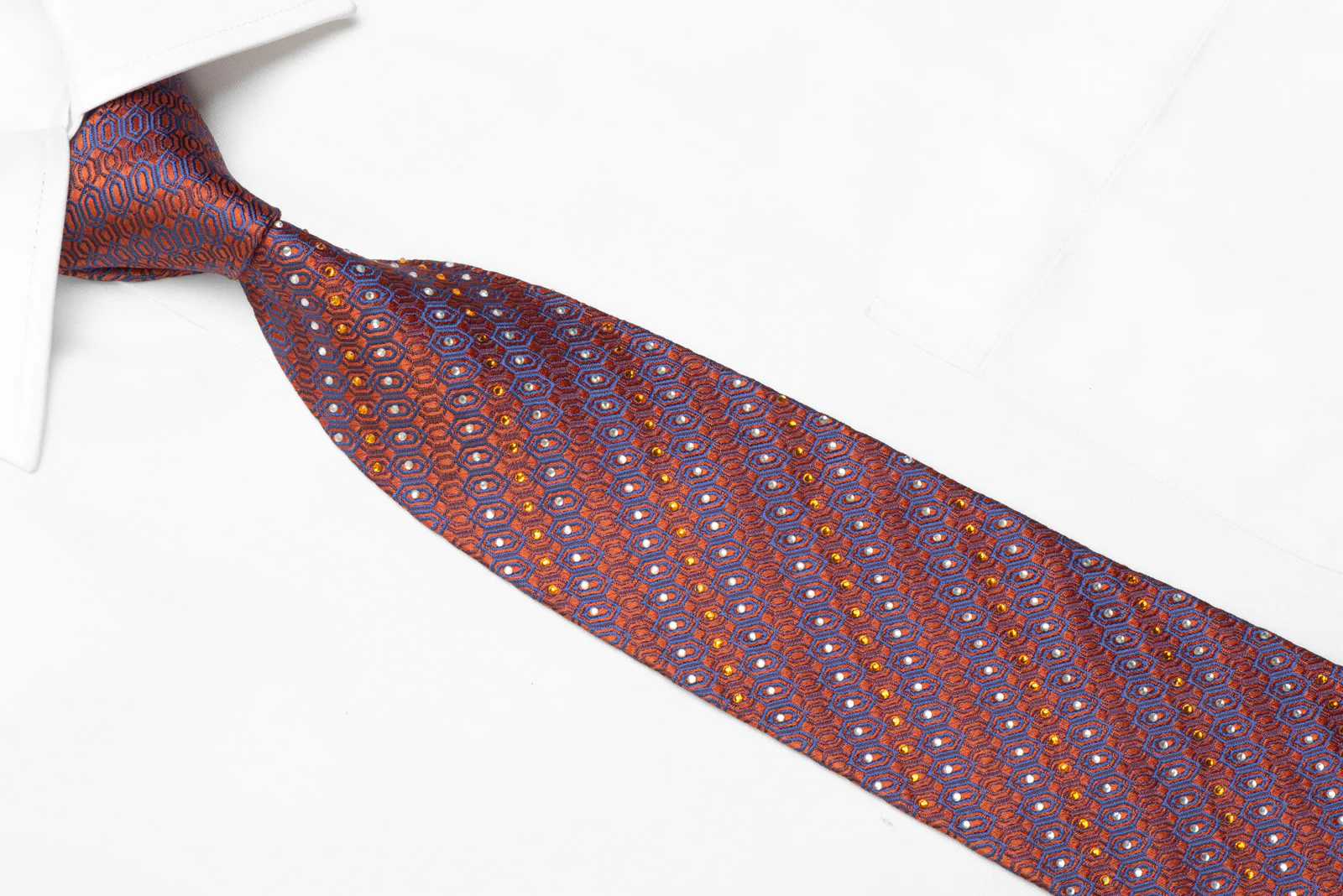 Men's Silk Necktie Mauve Geometric On Orange Sparkling With Rhinestones - Image 2