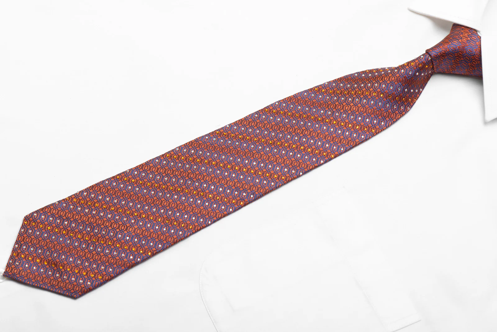 Men's Silk Necktie Mauve Geometric On Orange Sparkling With Rhinestones - Image 3