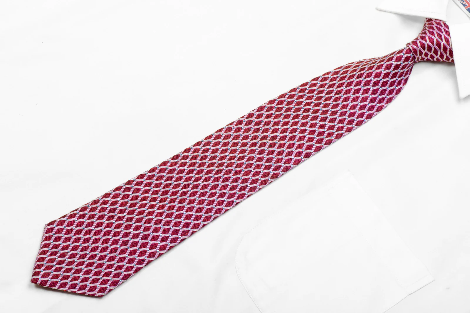 Men's Silk Necktie Silver Geometric On Burgundy With Blue Rhinestones - Image 3