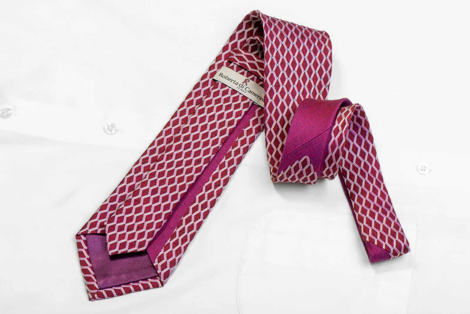 Men's Silk Necktie Silver Geometric On Burgundy With Blue Rhinestones - Image 4