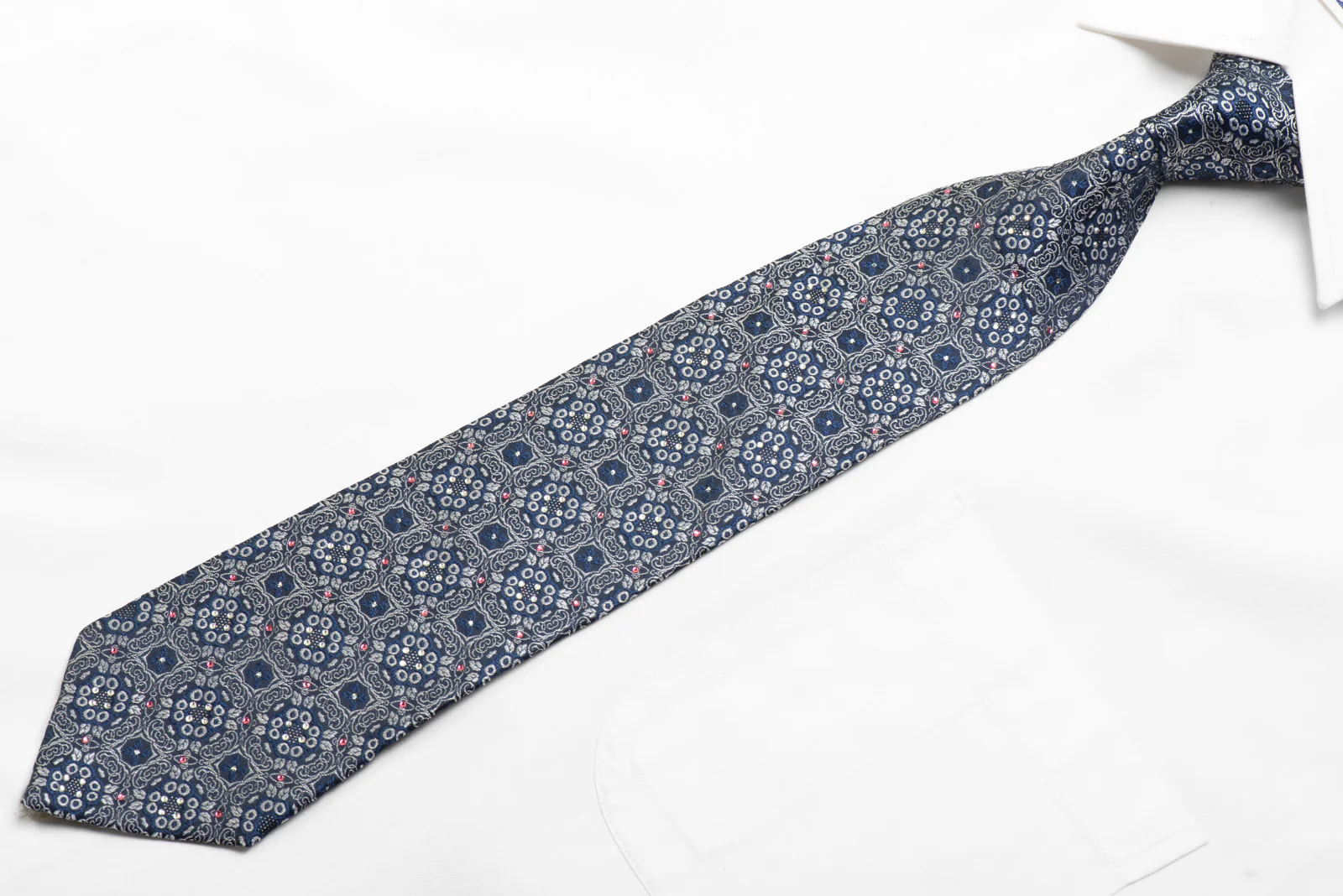 Men's Silk Necktie Silver Ornate Design on Navy Blue With Silver Sparkles - Image 3