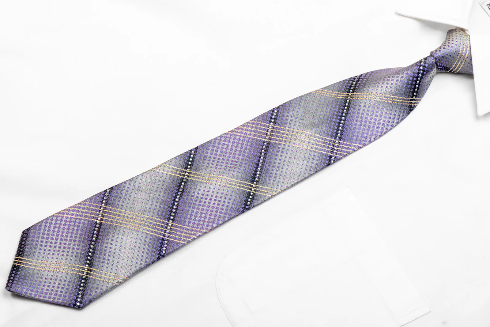 Mens Silk Necktie Silver Striped & Mauve Dots On Silver With Rhinestones - Image 3