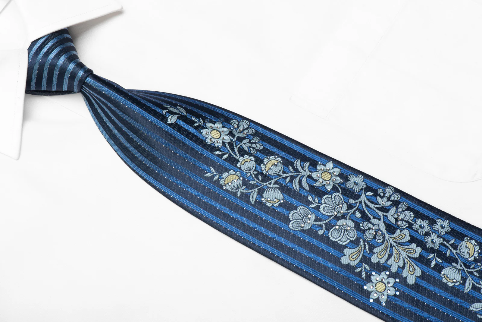 Men's Silk Tie Floral On Blue With Silver Sparkles - Image 2