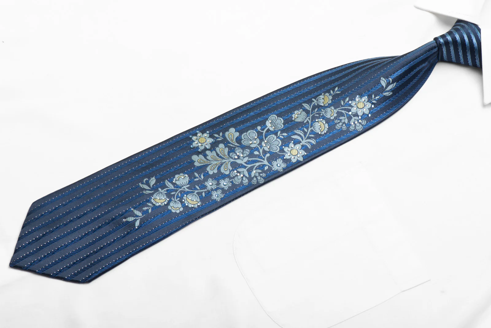 Men's Silk Tie Floral On Blue With Silver Sparkles - Image 3