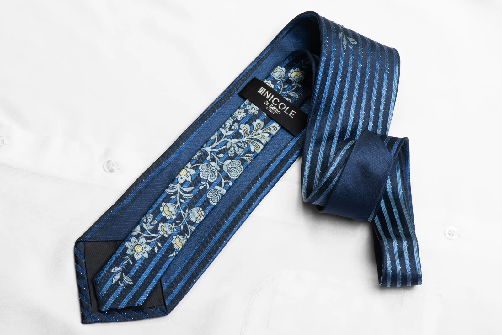 Men's Silk Tie Floral On Blue With Silver Sparkles - Image 4
