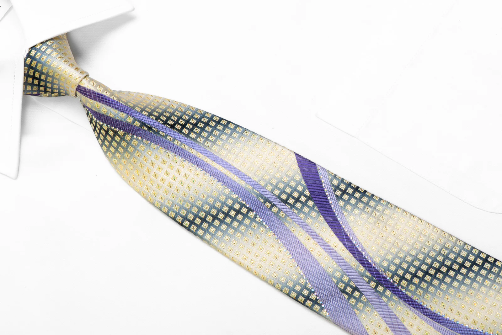 Men's Silk Tie Mauve Waves On Silver With Rhinestones & Silver Sparkles - Image 2