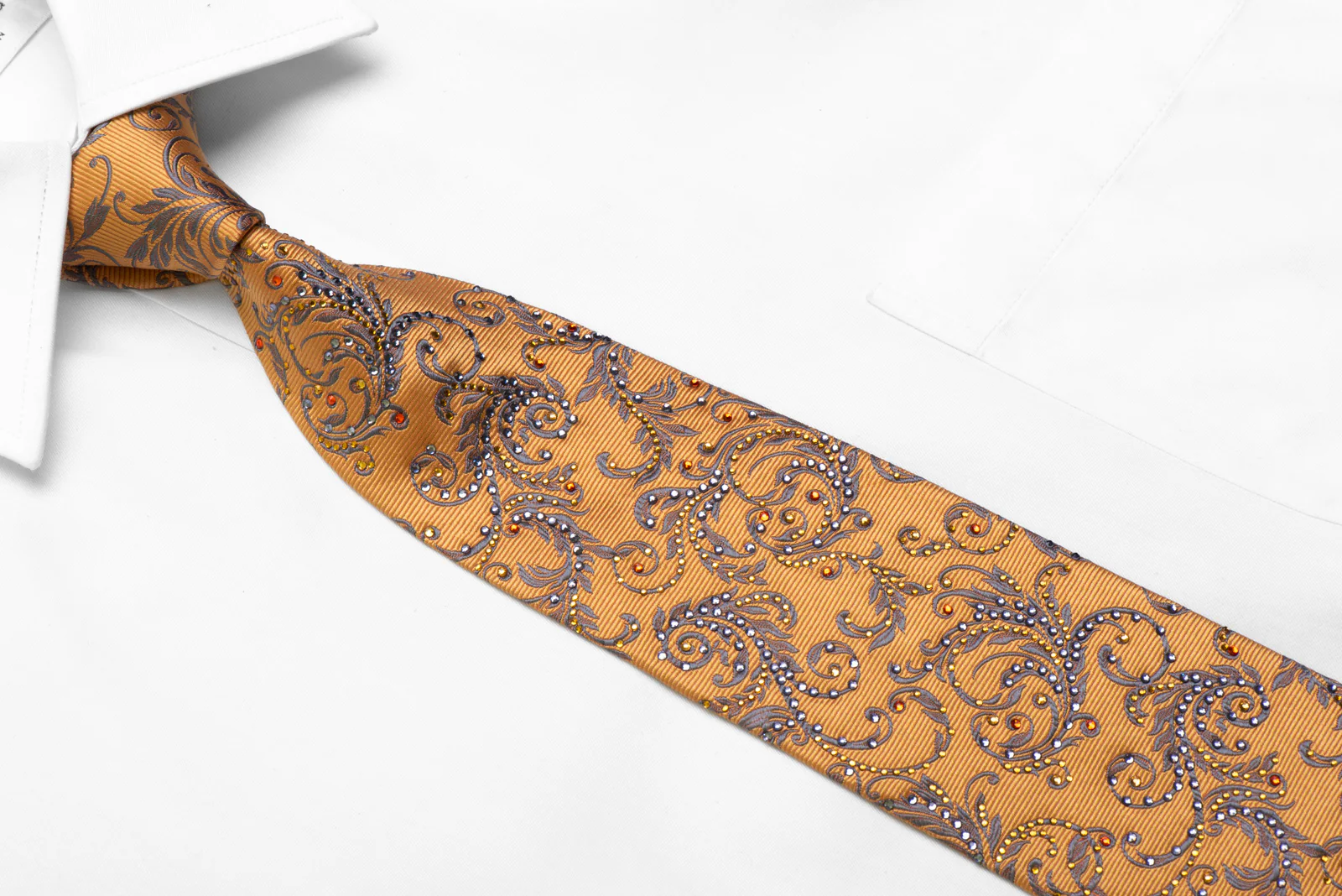 Men's Silk Tie Silver Scroll Acanthus On Gold Sparkling With Crystal Rhinestones - Image 2
