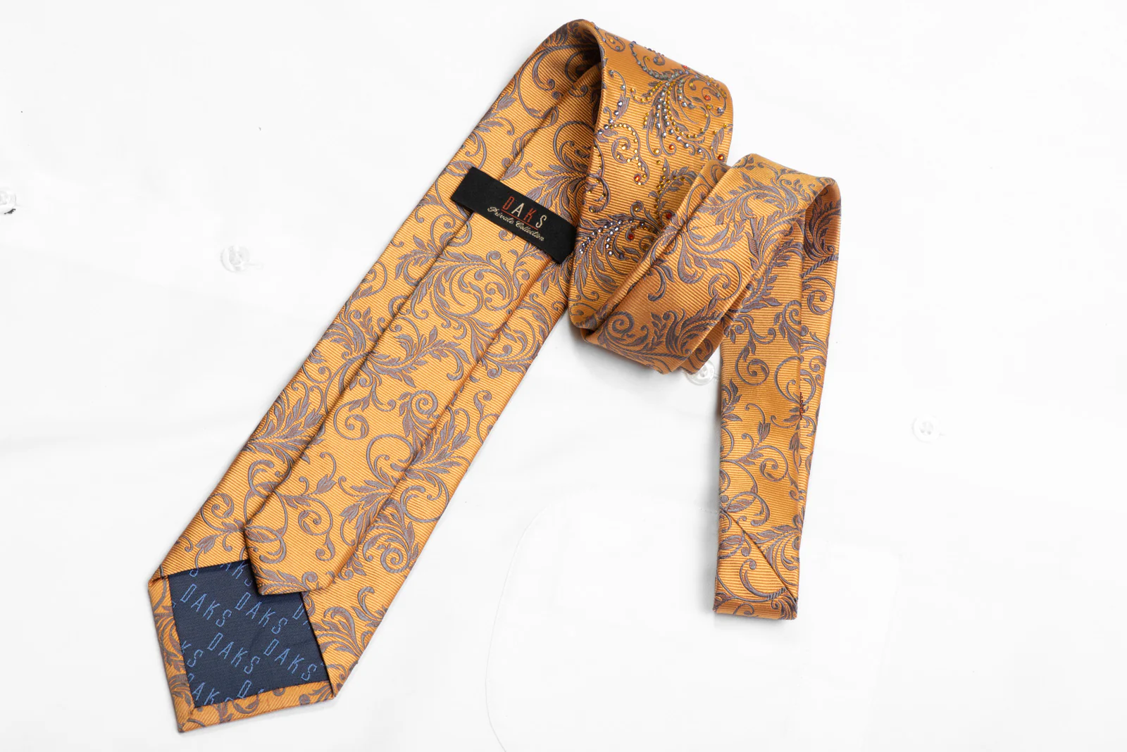 Men's Silk Tie Silver Scroll Acanthus On Gold Sparkling With Crystal Rhinestones - Image 4