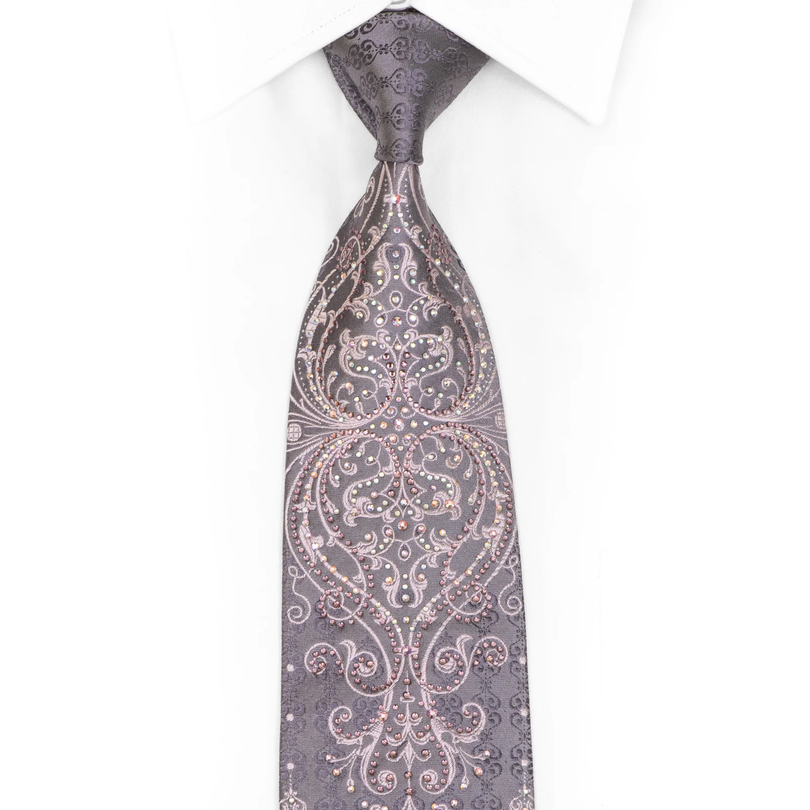 Damask On Silver Rhinestone Silk Tie With Sparkles