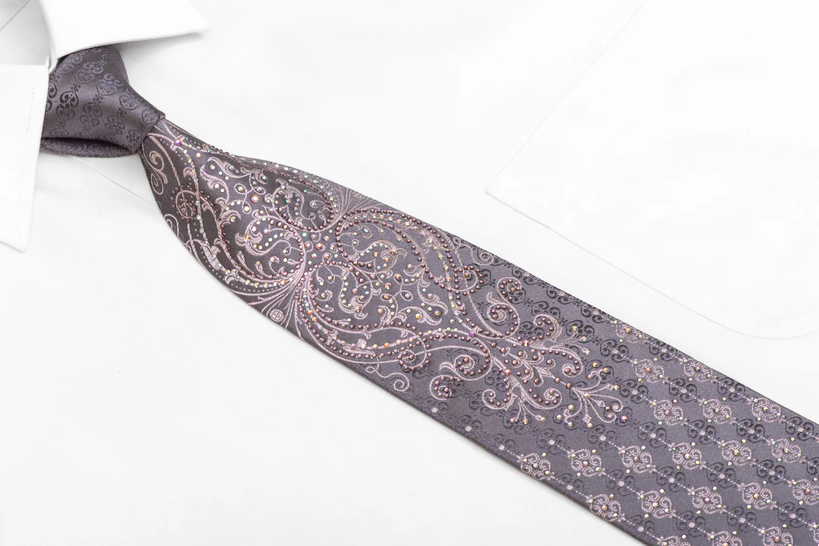 Damask On Silver Rhinestone Silk Tie With Sparkles - Image 3