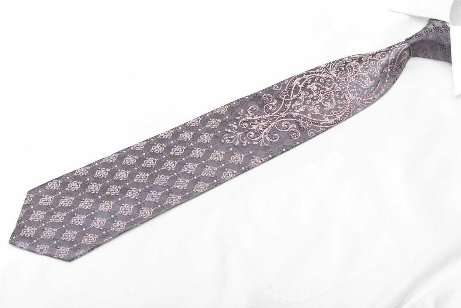 Damask On Silver Rhinestone Silk Tie With Sparkles - Image 4