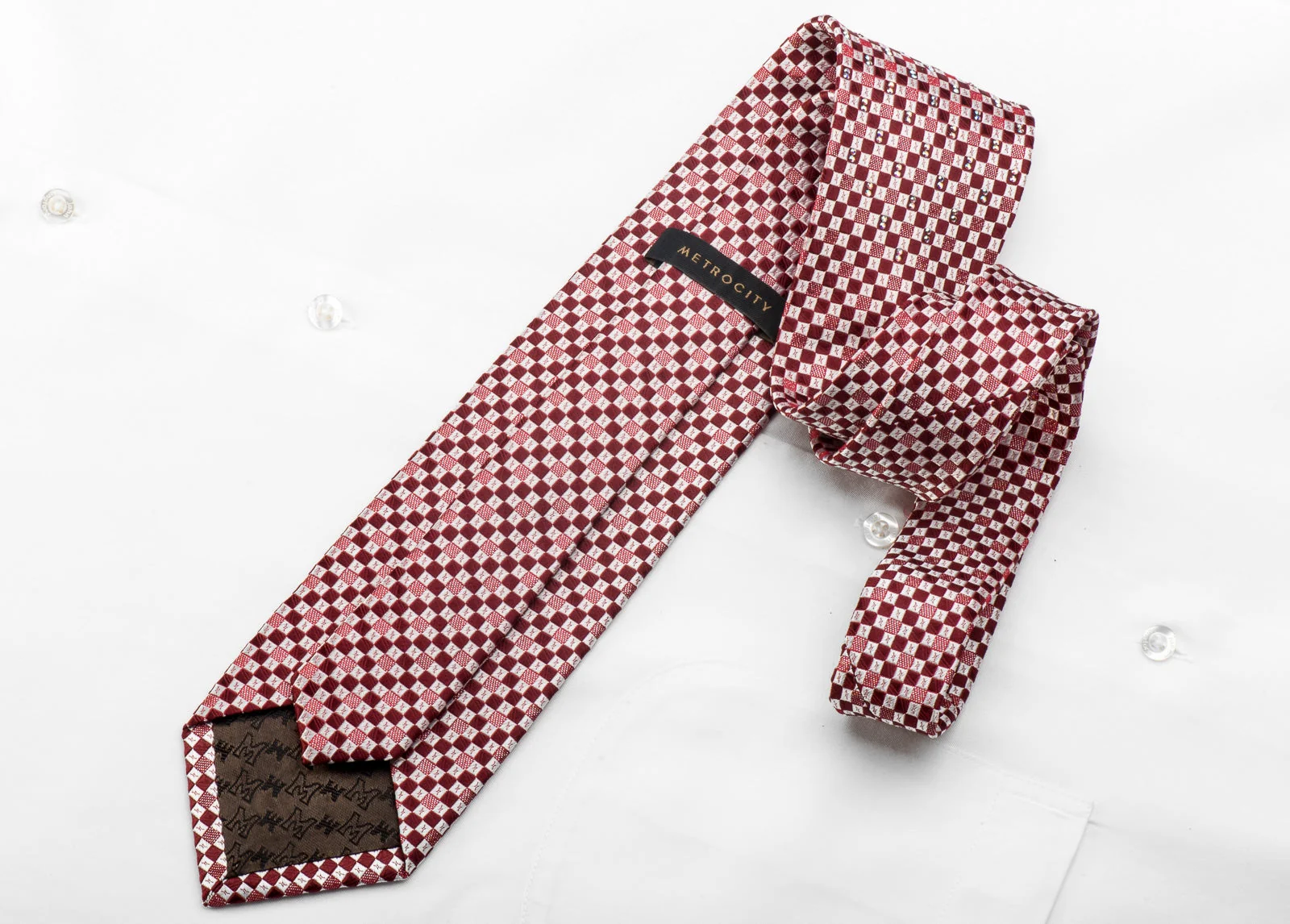 Men's Crystal Rhinestone Silk Necktie Burgundy Silver Checkered With Silver Sparkles - Image 3