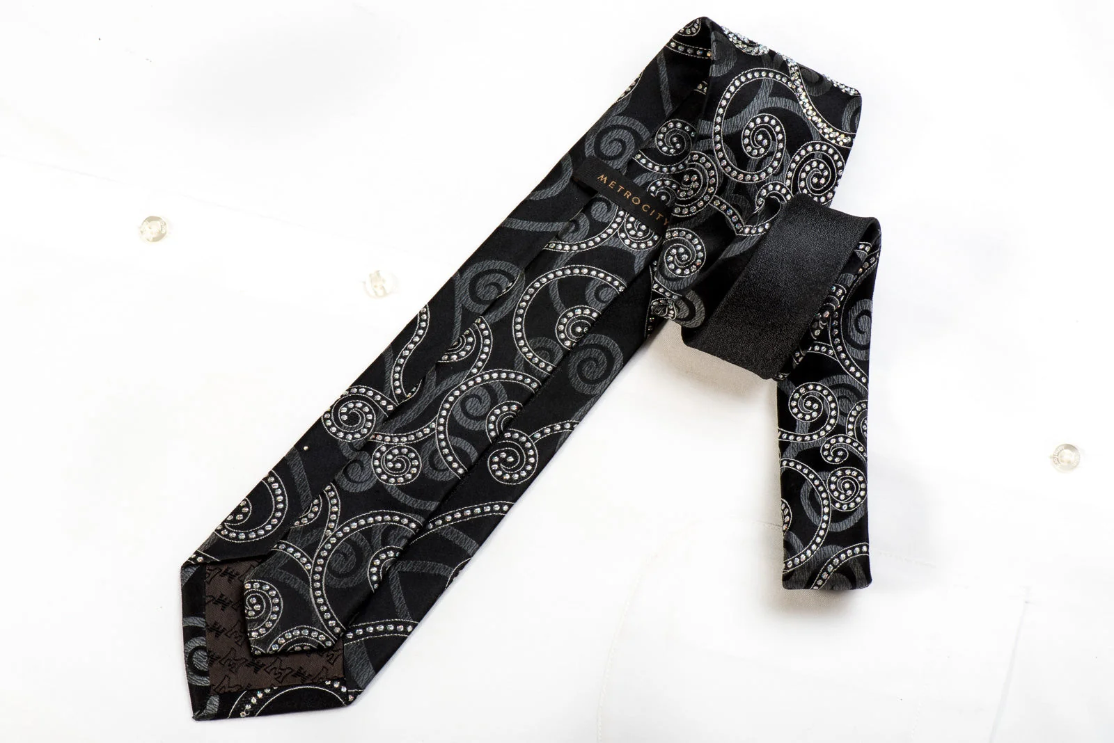Metro City Men's Crystal Rhinestone Silk Necktie Scrolls On Black - Image 4