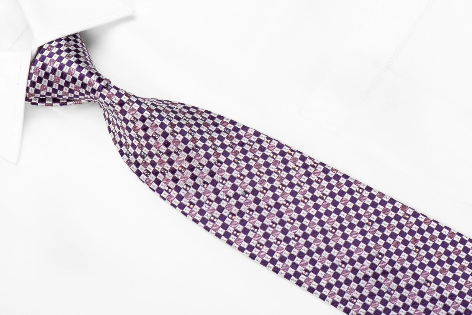 Metro City Men's Crystal Rhinestone Silk Necktie Silver Purple Checkered With Silver Sparkles - Image 2