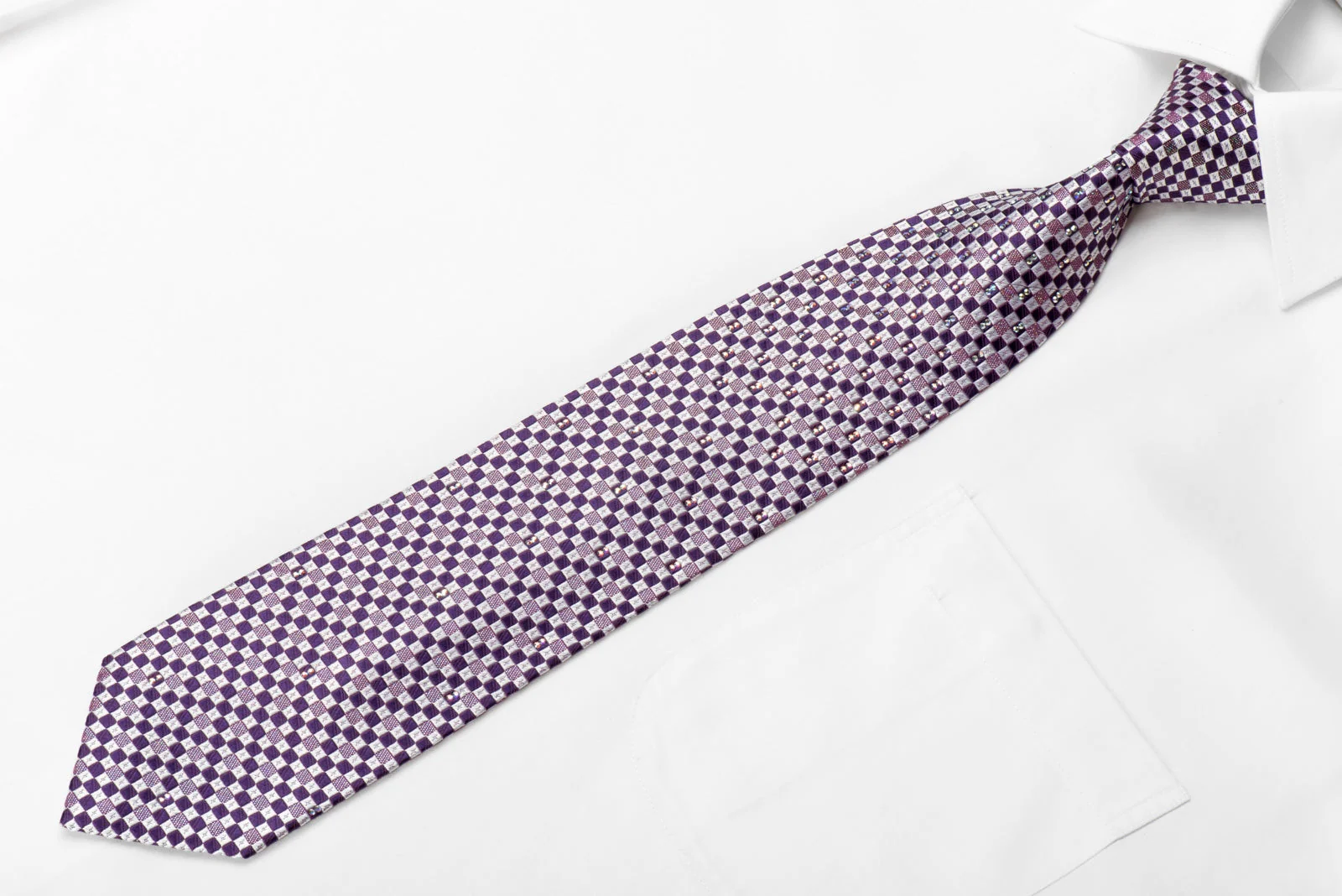 Metro City Men's Crystal Rhinestone Silk Necktie Silver Purple Checkered With Silver Sparkles - Image 3