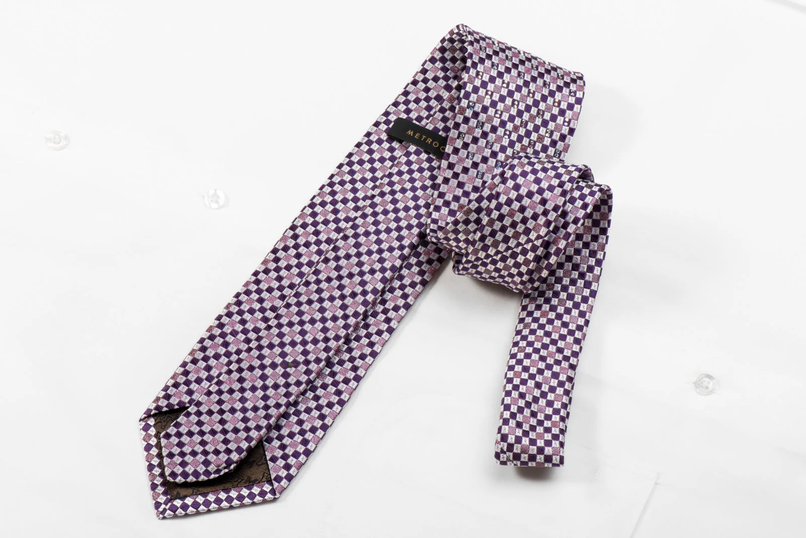 Metro City Men's Crystal Rhinestone Silk Necktie Silver Purple Checkered With Silver Sparkles - Image 4