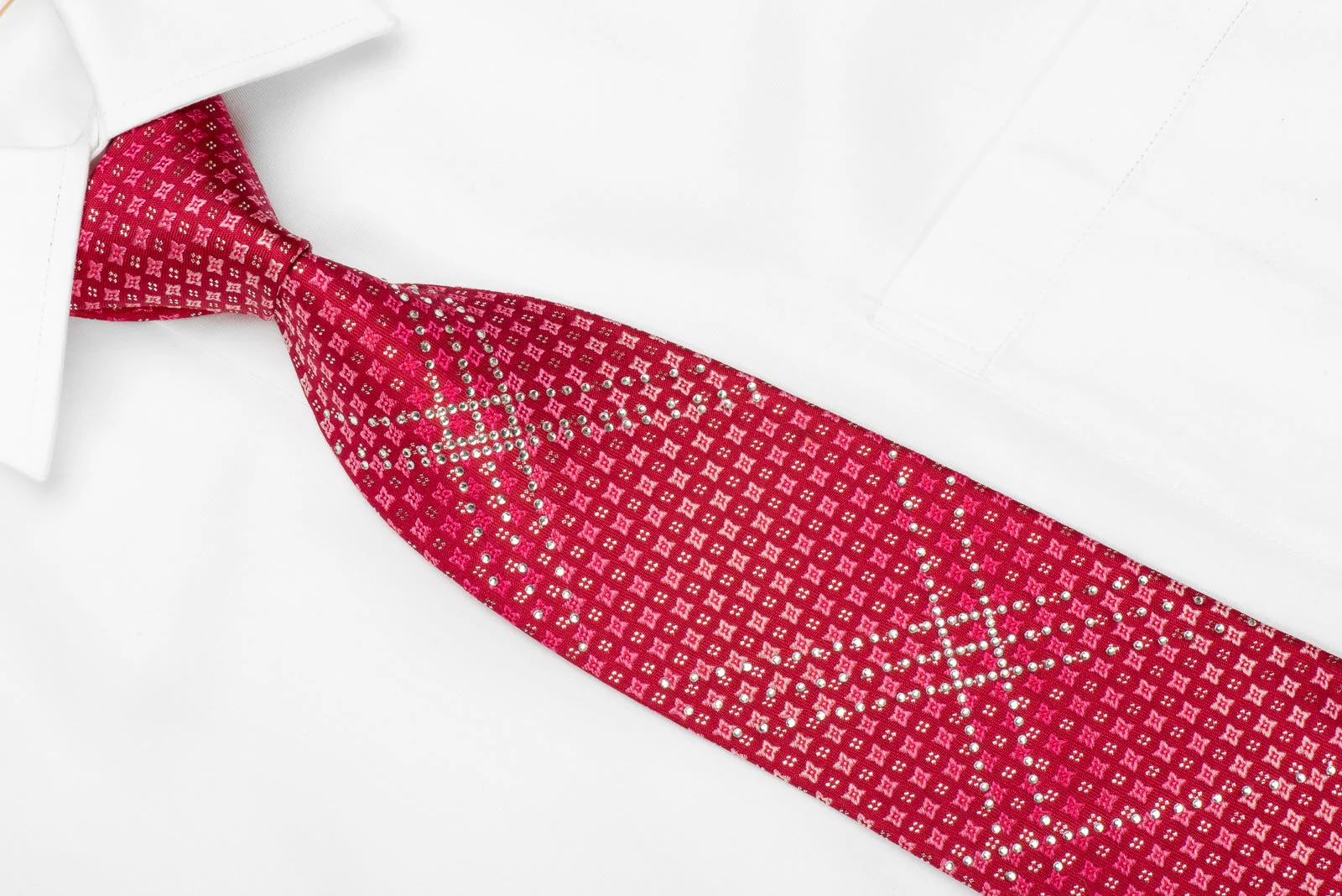 Metro City Men's Crystal Silk Necktie Geometric On Red With Silver Sparkles - Image 2