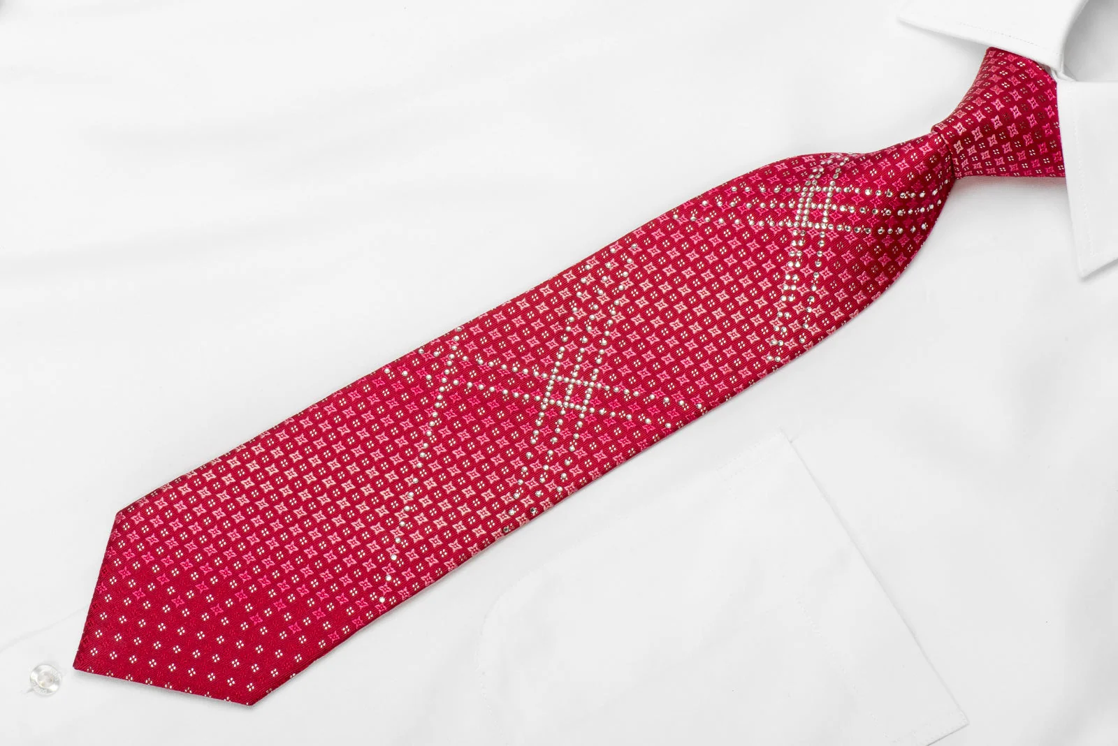 Metro City Men's Crystal Silk Necktie Geometric On Red With Silver Sparkles - Image 3