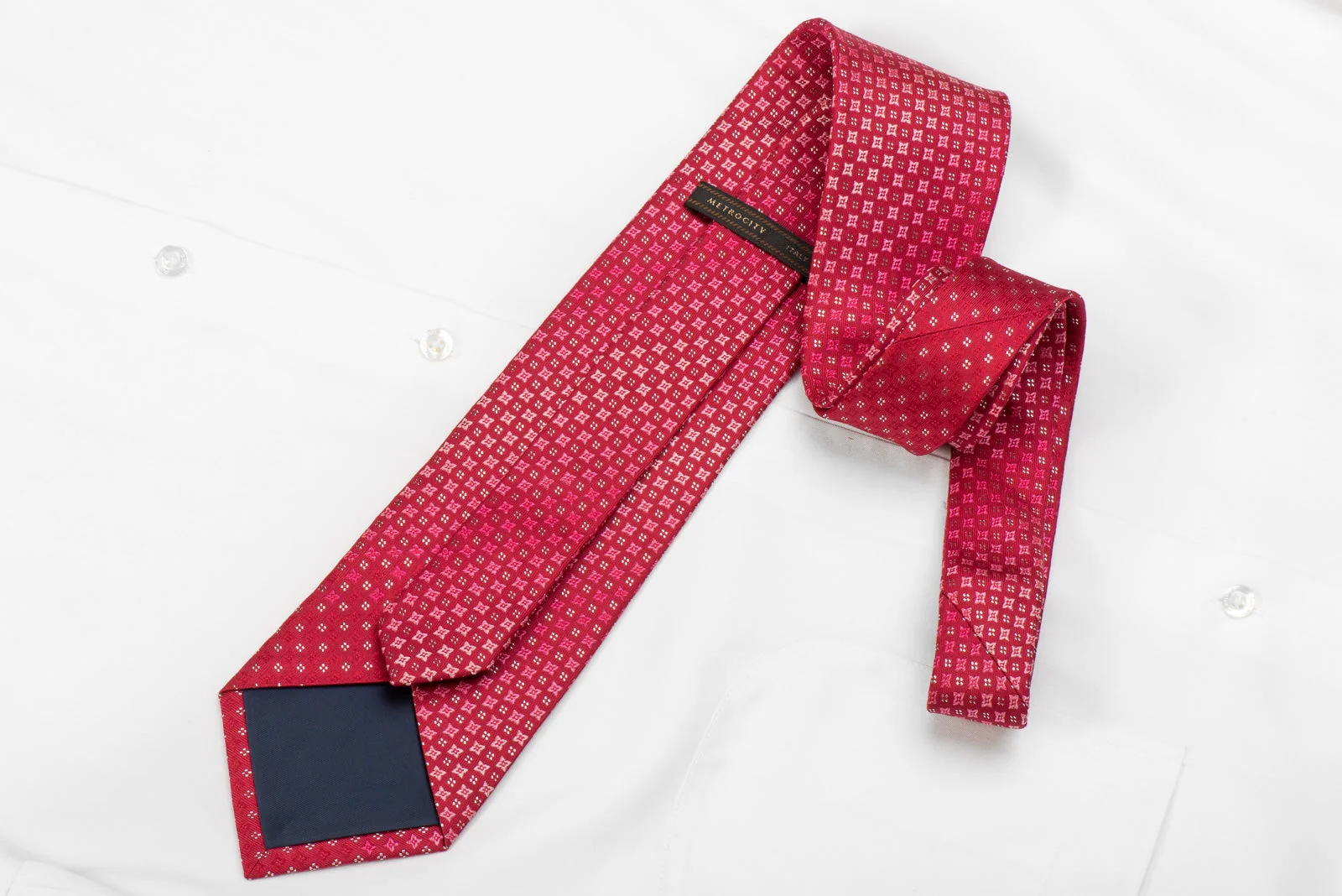 Metro City Men's Crystal Silk Necktie Geometric On Red With Silver Sparkles - Image 4