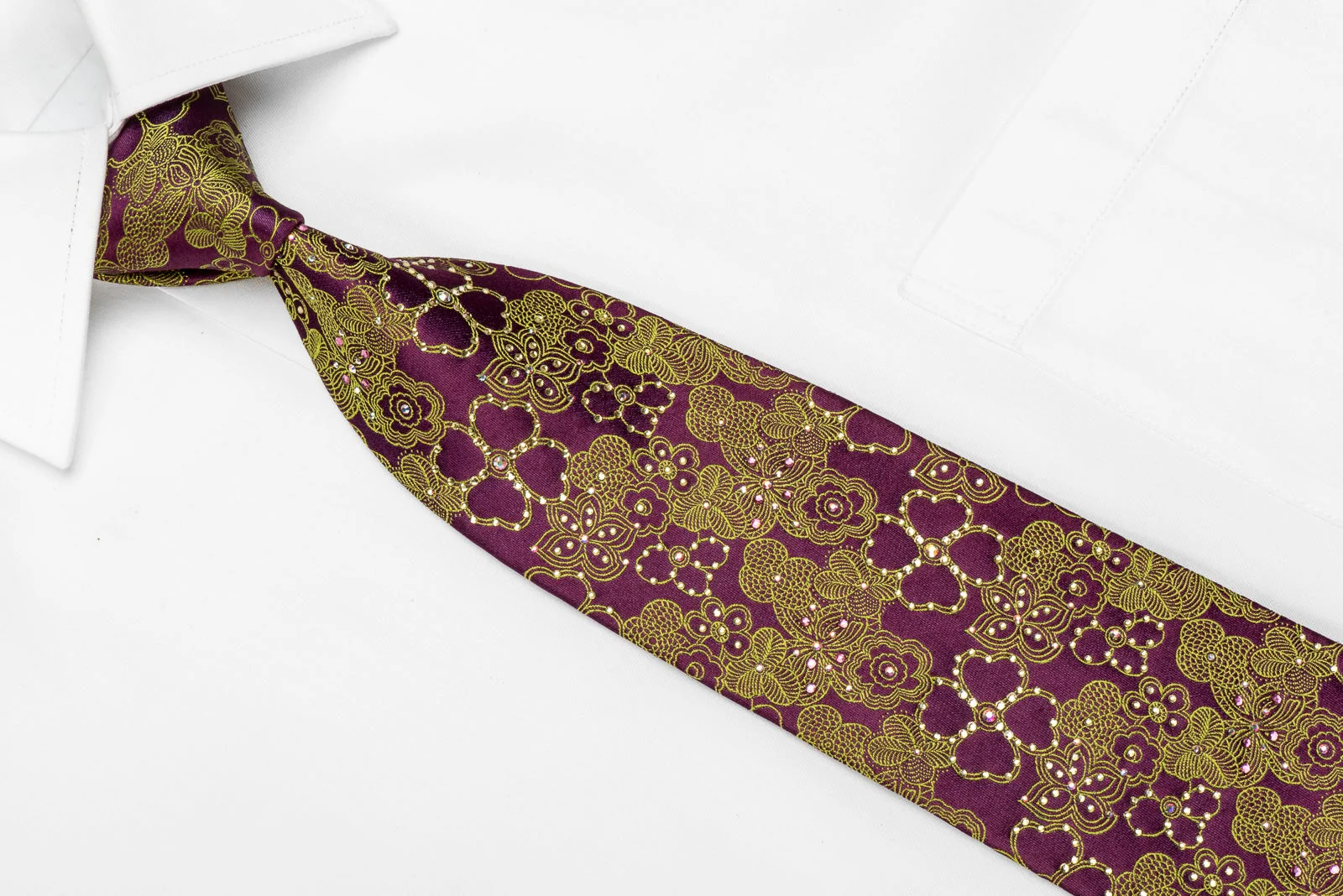 Metro City Men's Crystal Silk Necktie Green Floral On Purple Sparkling With Rhinestones - Image 2