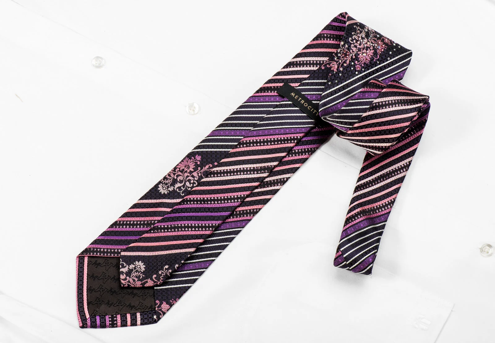 Metro City Men's Crystal Silk Necktie Purple Striped On Black With Sparkles - Image 4