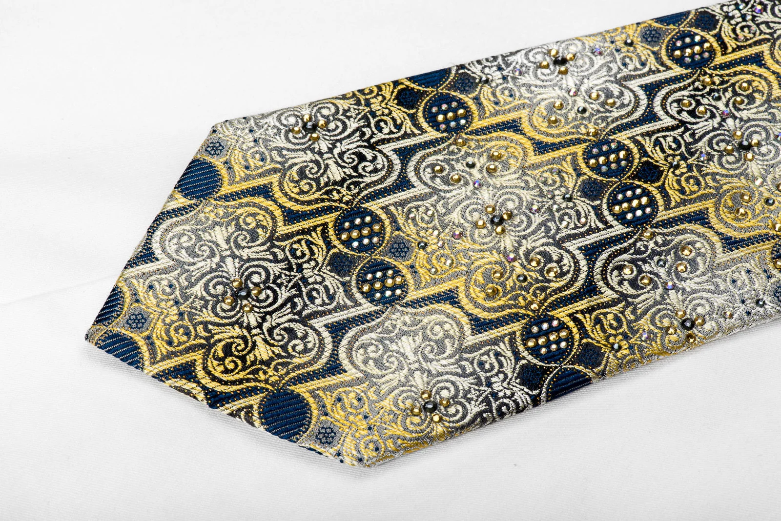 Metro City Men's Crystal Silk Necktie Silver Gold Damask On Navy With Gold Sparkles - Image 3
