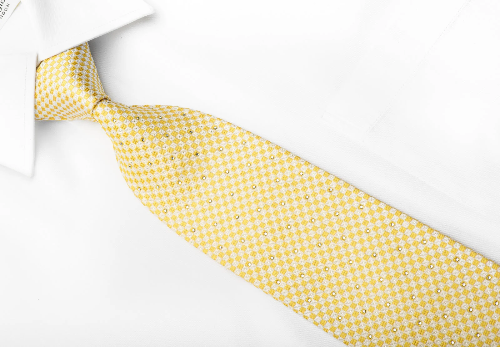 Metro City Men's Crystal Silk Necktie Yellow Checkered With Silver Sparkles - Image 3