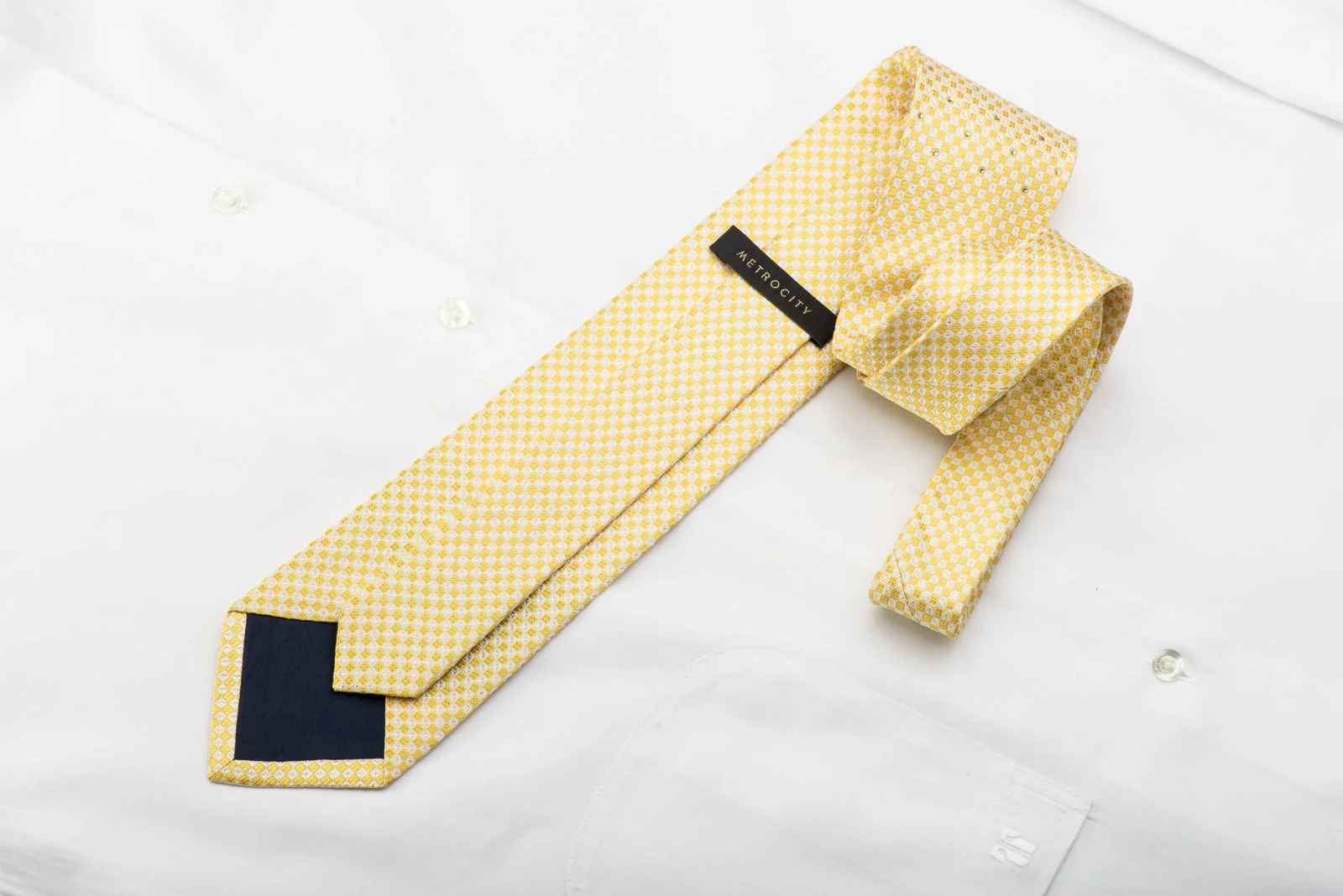 Metro City Men's Crystal Silk Necktie Yellow Checkered With Silver Sparkles - Image 4