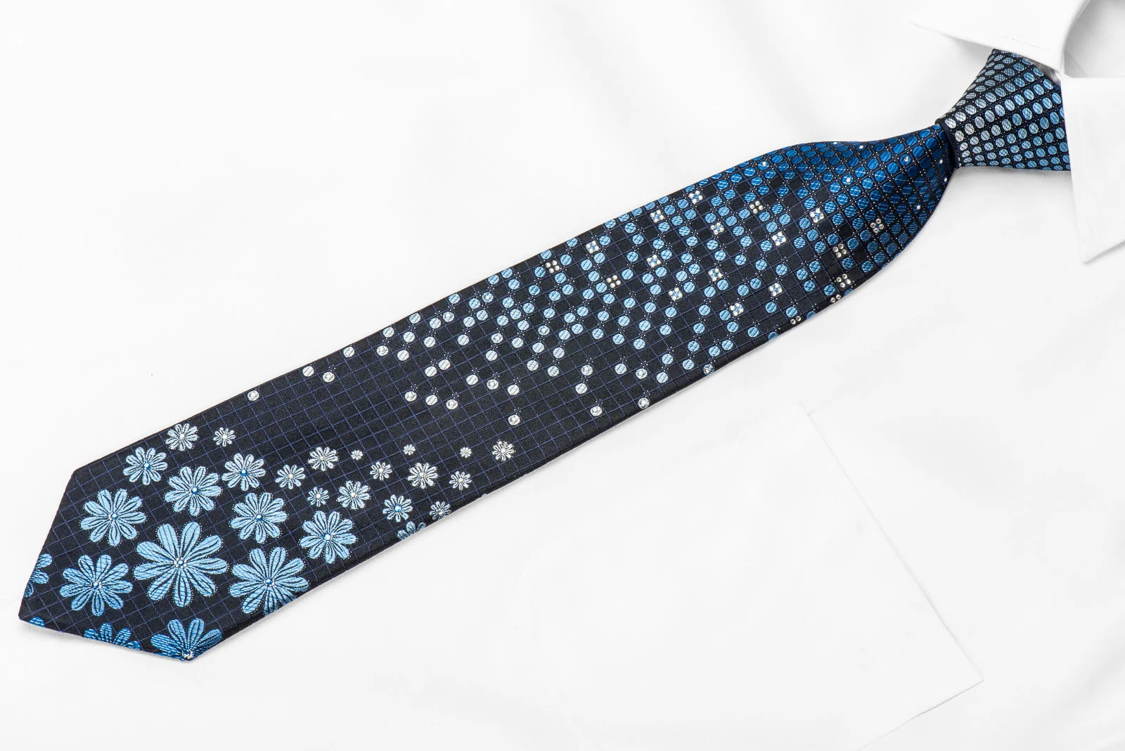 Metro City Men's Crystal Silk Tie Floral Dots On Navy With Sparkles - Image 2