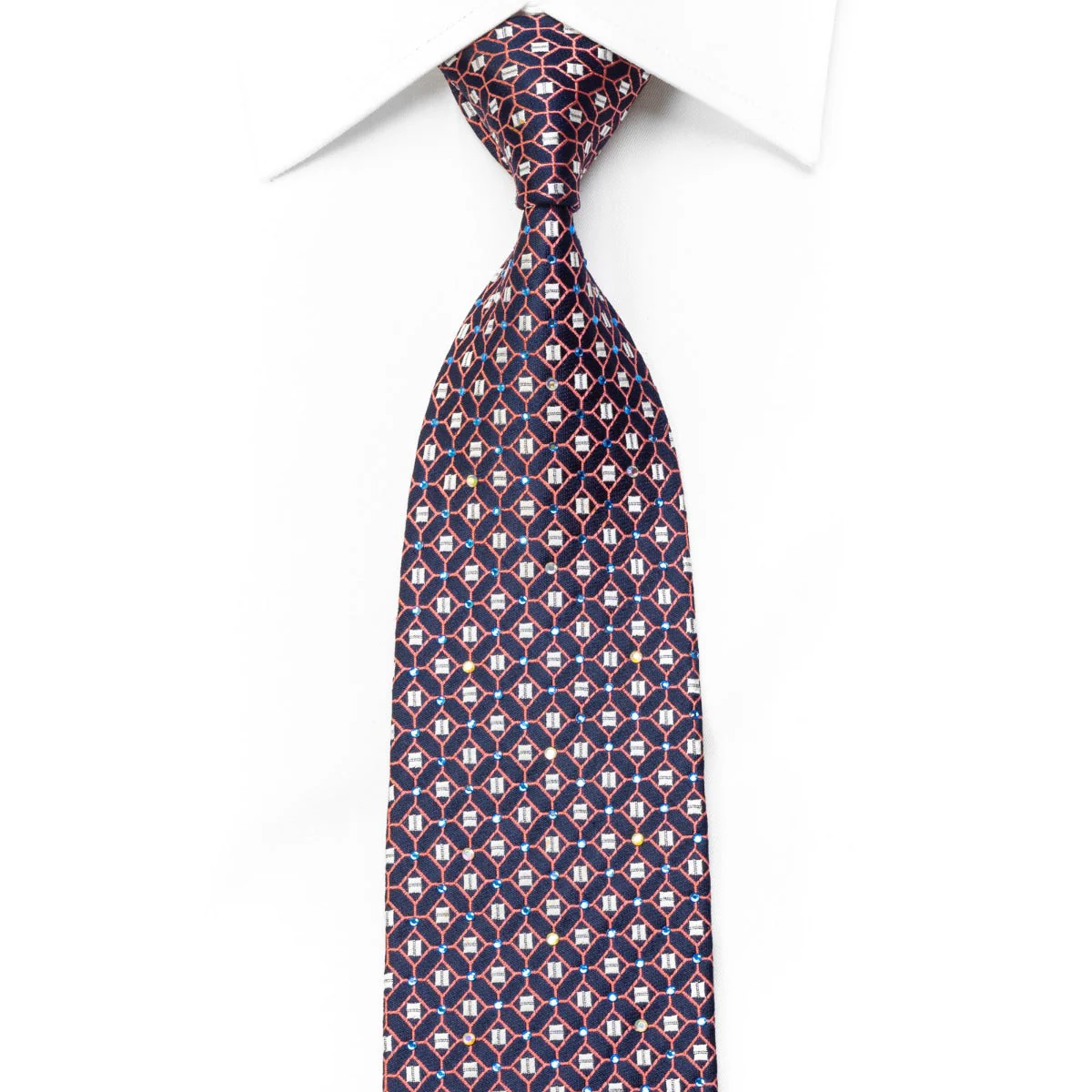 Metro City Men's Rhinestone Necktie Pink Trellis On Navy With Silver Sparkles