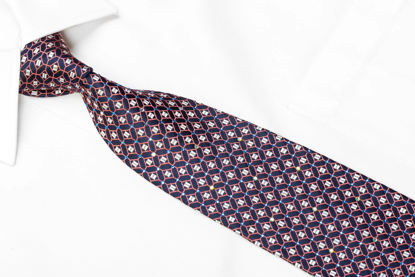 Metro City Men's Rhinestone Necktie Pink Trellis On Navy With Silver Sparkles - Image 2