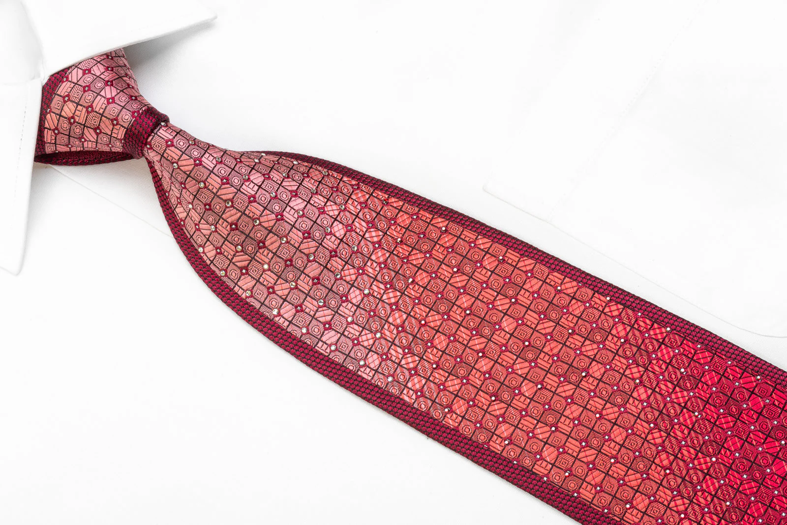Metro City Men's Rhinestone Necktie Red Geometric On Navy With Silver Sparkles - Image 2