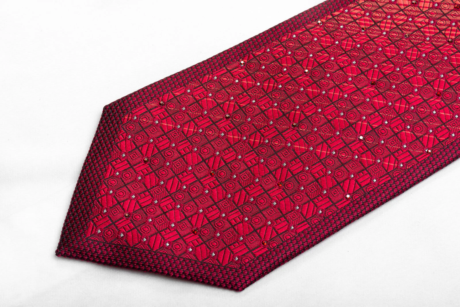 Metro City Men's Rhinestone Necktie Red Geometric On Navy With Silver Sparkles - Image 4