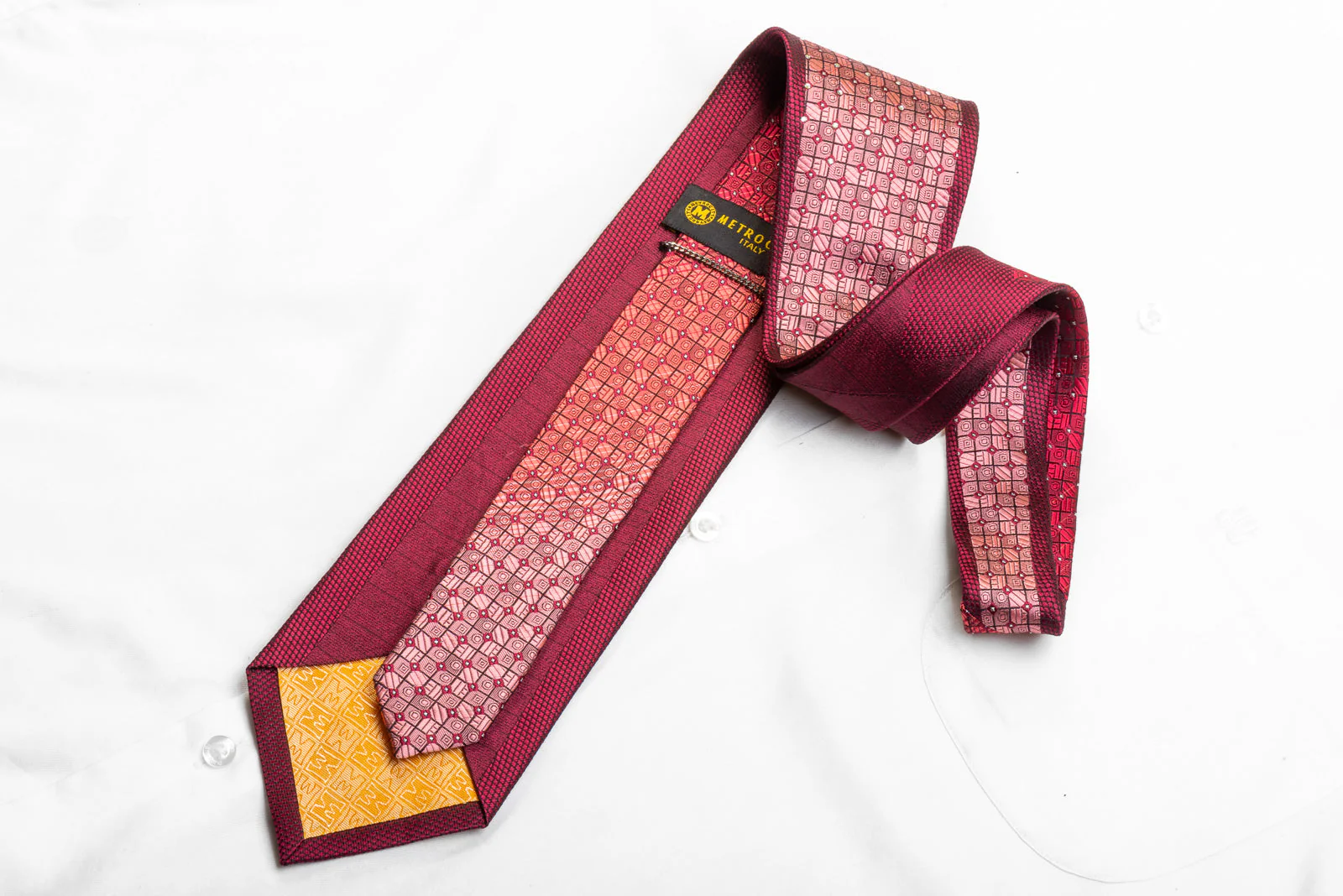 Metro City Men's Rhinestone Necktie Red Geometric On Navy With Silver Sparkles - Image 5