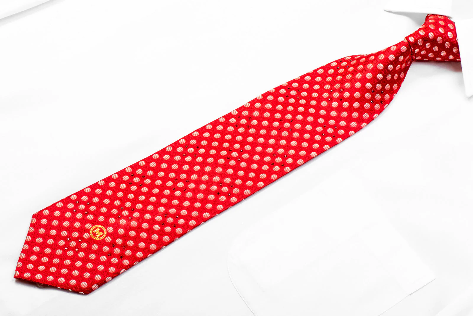 Men's Rhinestone Silk Necktie Geometric Circles On Red - Image 3
