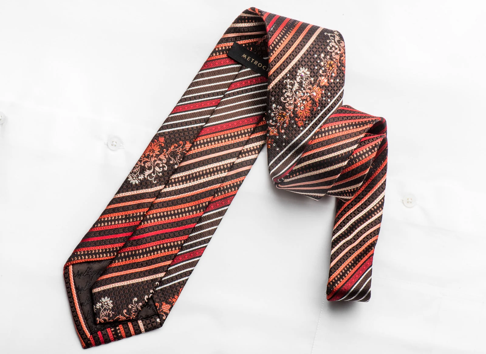 Metro City Men's Rhinestone Silk Tie Red Orange Striped On Brown With Sparkles - Image 5