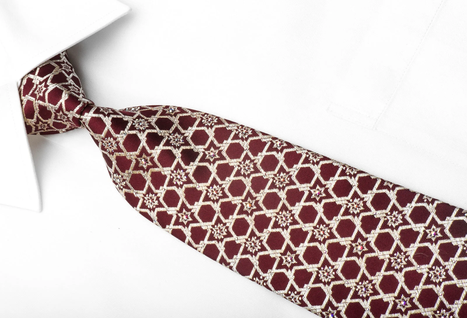 Metro City Men's Rhinestone Tie Golden Stars & Trellis On Burgundy With Gold Sparkles - Image 3