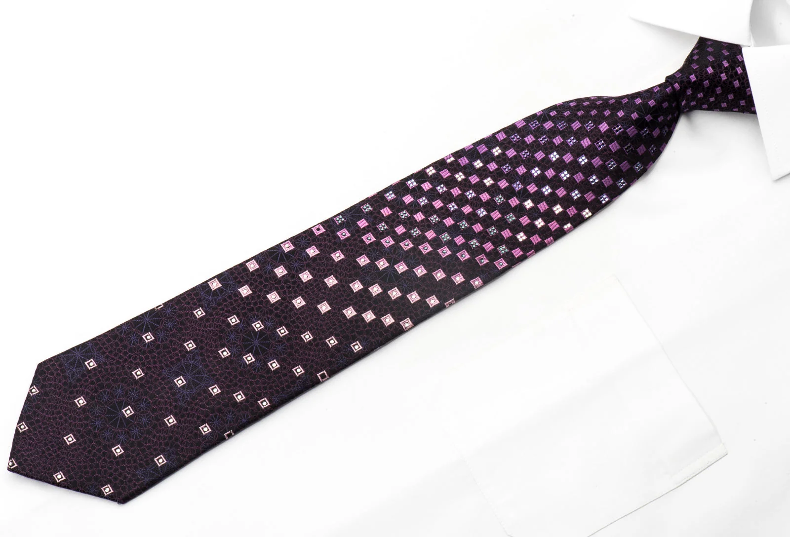 Metro City Men's Silk Necktie Checkered On Purple Sparkling With Crystal Rhinetones - Image 3