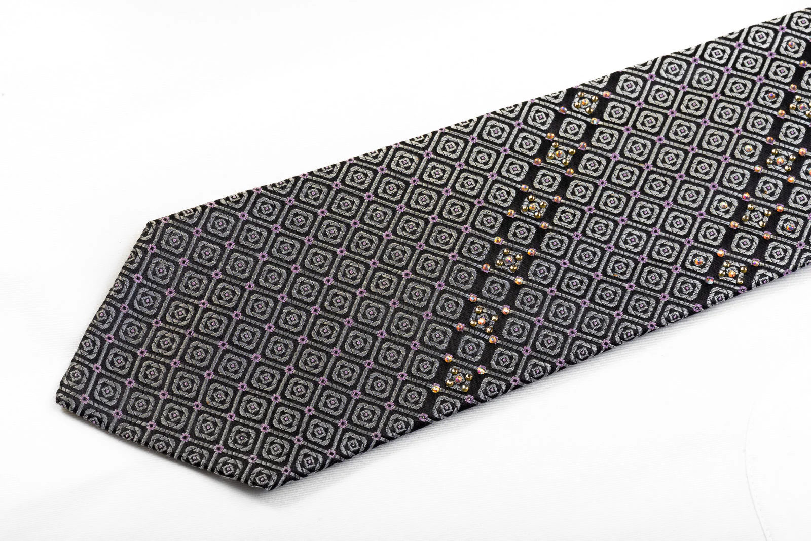 Metro City Men's Silk Rhinestone Necktie Silver Geometric On Black - Image 3