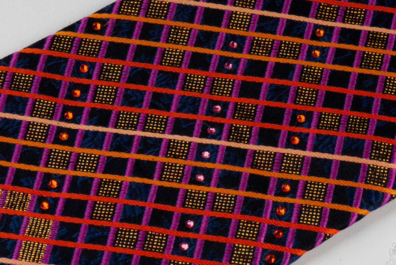 Metro City Men's Silk Rhinestone Tie Orange Blue Checked Design With Bronze Sparkles - Image 3