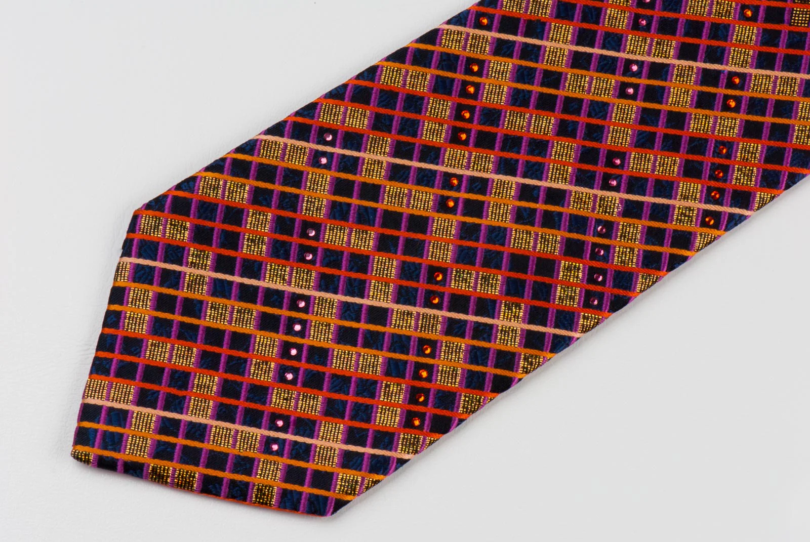 Metro City Men's Silk Rhinestone Tie Orange Blue Checked Design With Bronze Sparkles - Image 5