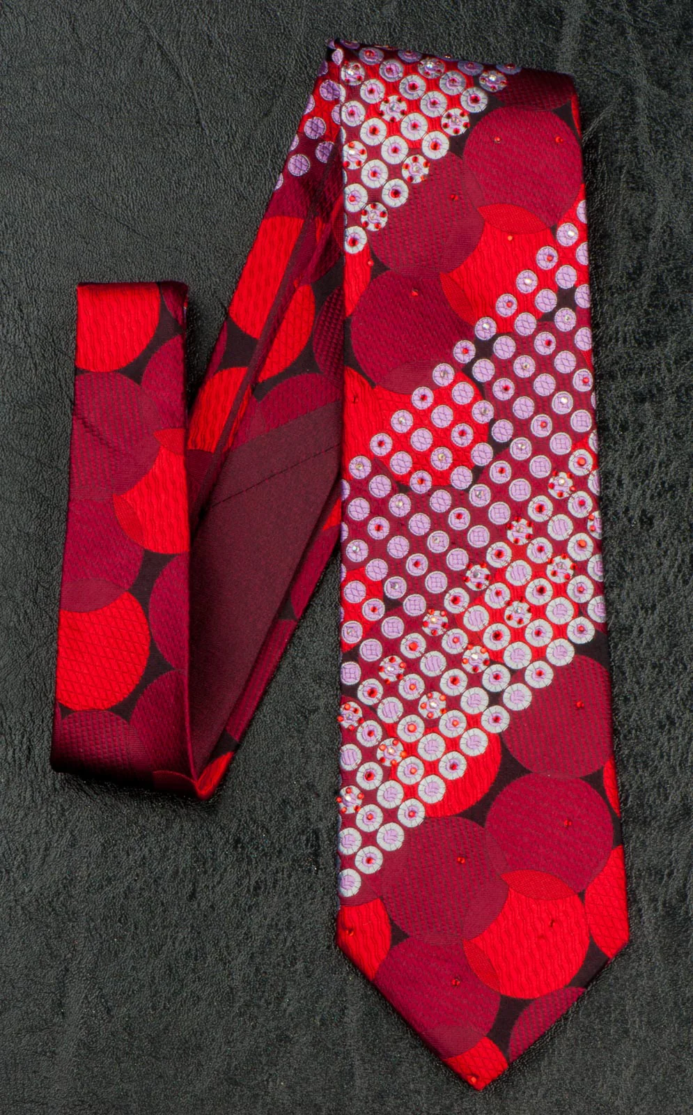 Metro City Mens Silk Neck Tie Red Burgundy Circles & Dots With Rhinestones - Image 4