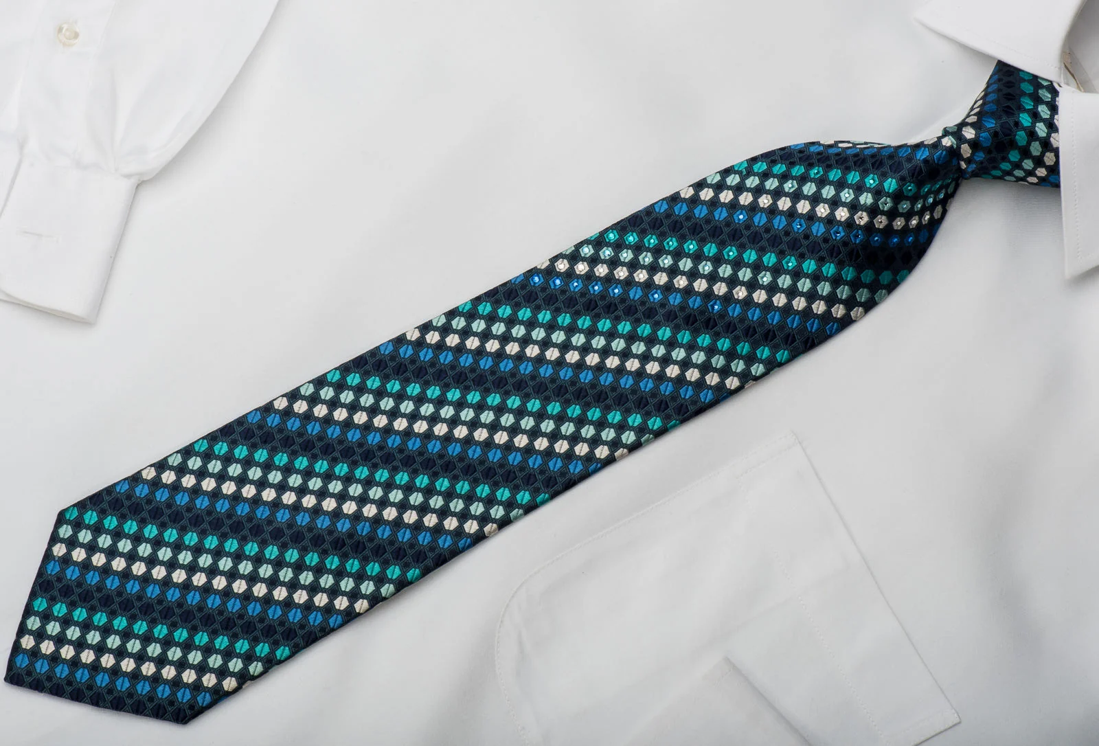 Metro City Mens Silk Necktie Geometric On Blue Sparkling With Rhinestones - Image 4