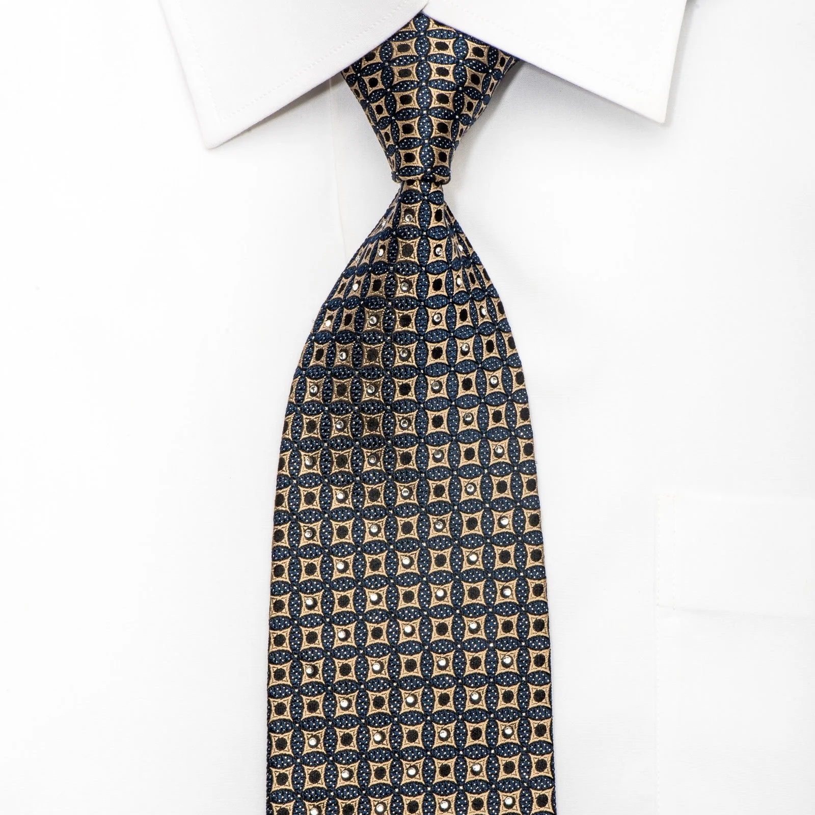 Metro City Mens Silk Necktie Gold Geometric On Dark Teal Black Sparkling With Rhinestones