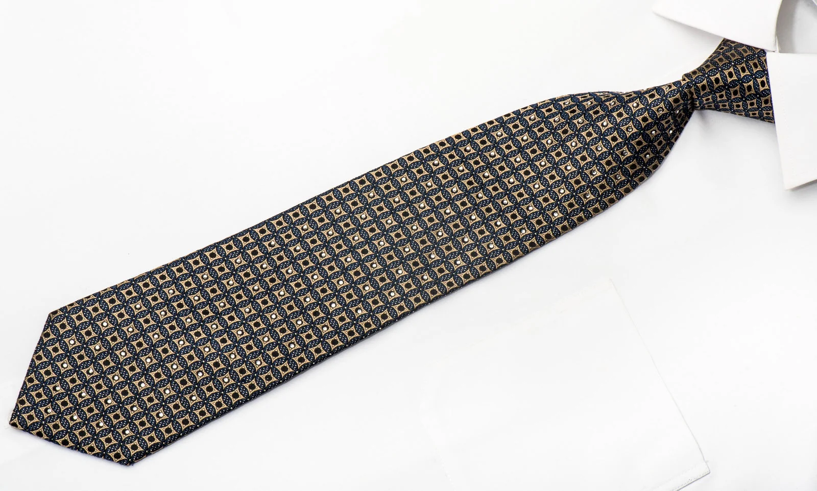 Metro City Mens Silk Necktie Gold Geometric On Dark Teal Black Sparkling With Rhinestones - Image 3