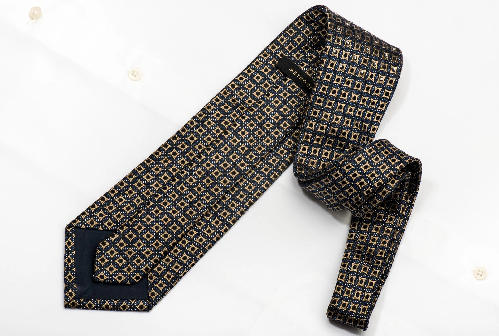 Metro City Mens Silk Necktie Gold Geometric On Dark Teal Black Sparkling With Rhinestones - Image 6