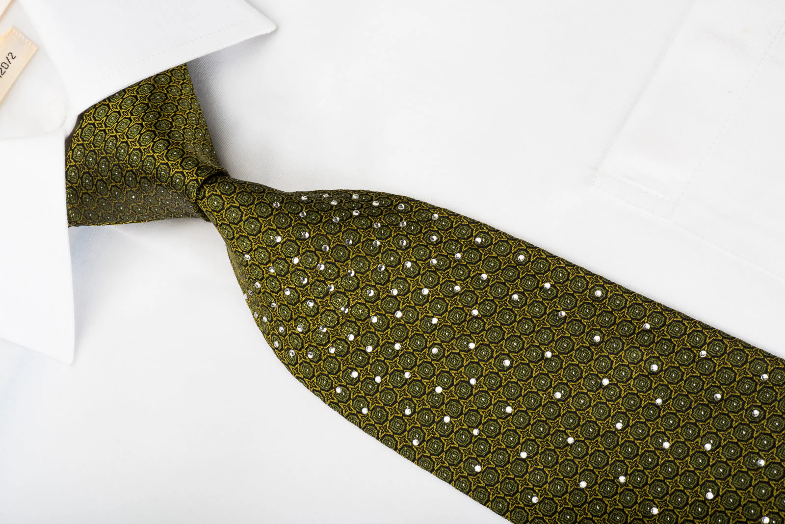 Metro City Rhinestone Silk Necktie Dots On Olive Green With Silver Sparkles - Image 2