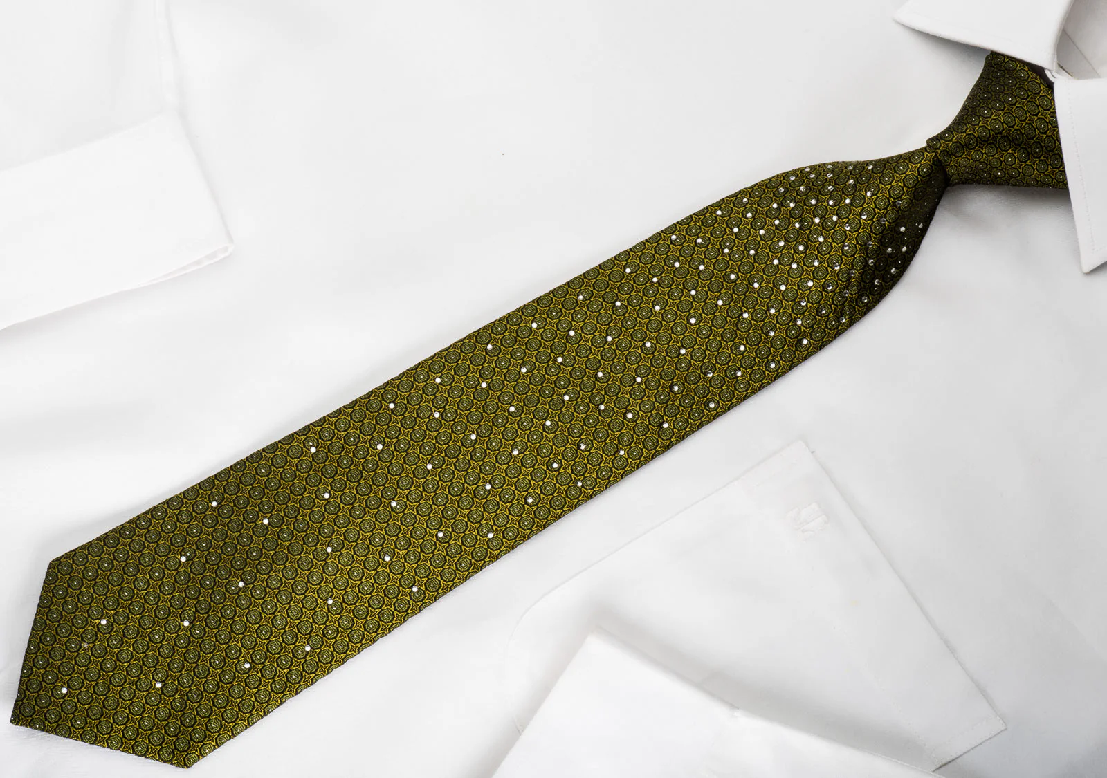 Metro City Rhinestone Silk Necktie Dots On Olive Green With Silver Sparkles - Image 3