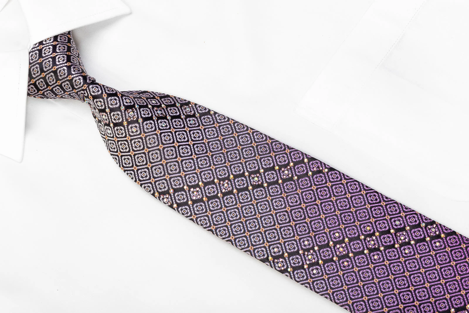 Metro City Rhinestone Silk Necktie Geometric On Purple - Image 2