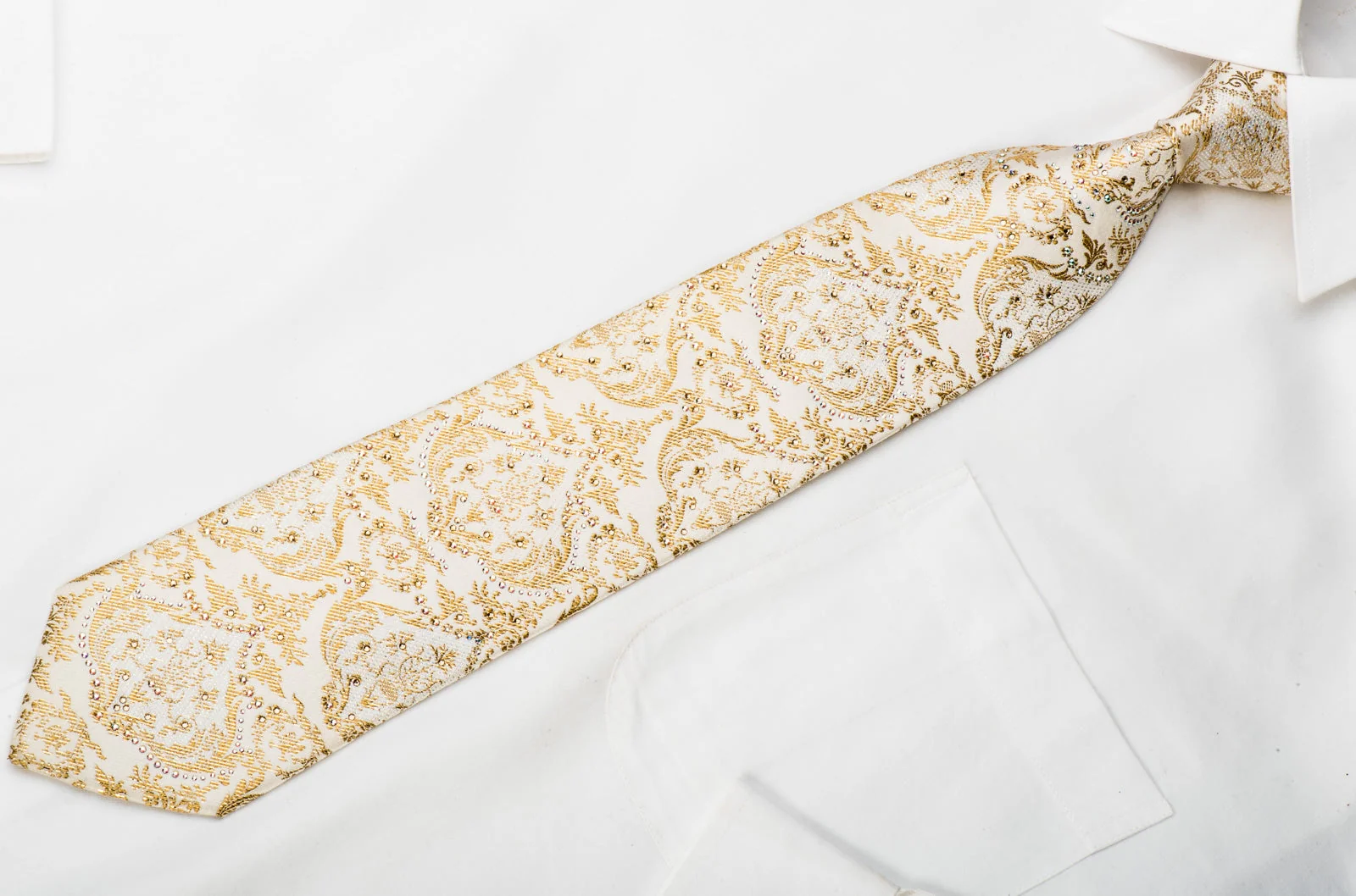 Metro City Rhinestone Silk Necktie Gold Damask On Ivory With Gold Sparkles - Image 5